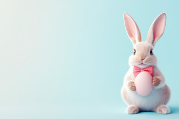 Obraz premium Cute white easter bunny figure with pink bow tie holding egg against soft blue background 