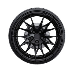 Obraz premium Black Five-Spoke Alloy Car Wheel with Rubber Tire and Tread Detail on White Background