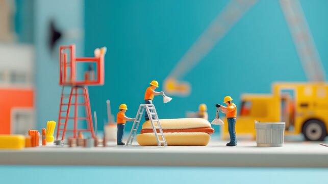 Miniature workers meticulously clean a giant hot dog.