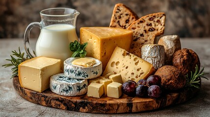 Assorted cheeses, milk, and bread on a wooden board