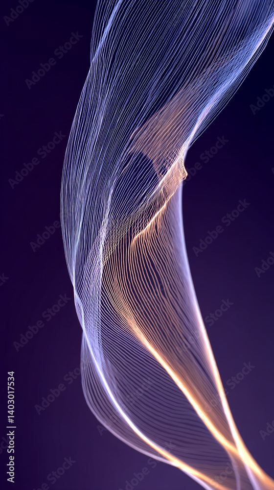 Poster abstract image of flowing, luminous lines in purple and orange hues, creating a dynamic and elegant 