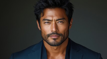 Fototapeta premium Portrait of a handsome man with dark hair and a sharp, confident gaze