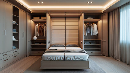 Elegant Bedroom Interior With Built In Wardrobes And Platform Bed Design