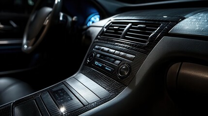 Naklejka premium Black luxurious car interior showing head unit sections