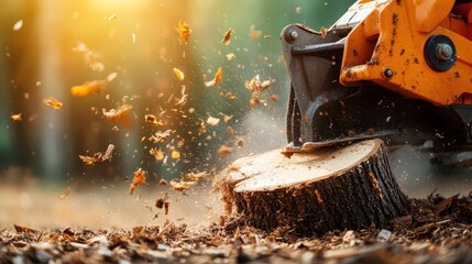 A skilled operator uses a stump grinder to remove a tree stump, sending wood shavings and debris into the air, showcasing the intense and focused work involved in landscaping.