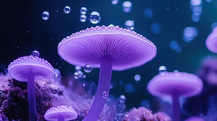 Enchanting underwater fungi garden scene with vibrant purple mushrooms and bubbles