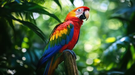 Fototapeta premium Vibrant macaw perches against a backdrop of verdant foliage in a tropical paradise