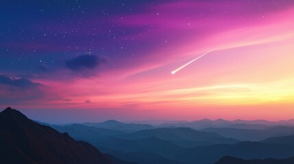Fototapeta premium A breathtaking sunset over a mountainous landscape, with a meteor streaking across the sky.