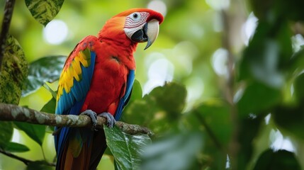 Obraz premium Striking scarlet macaw perched amidst lush foliage of tropical forest canopy