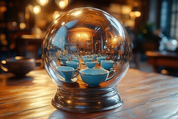 A glass globe reflecting a tea party inside a room