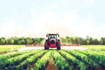 Fototapeta premium Red tractor spraying crops peaceful farm scene