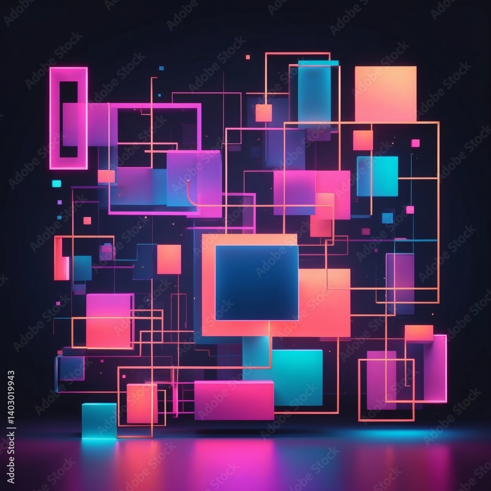 Poster abstract neon geometric shapes. a vibrant composition of interconnected squares and rectangles in sh