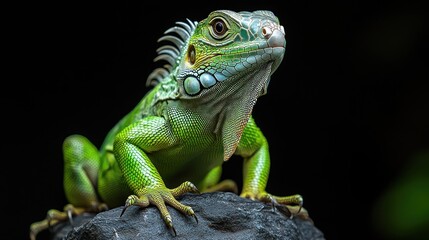 Obraz premium A green iguana is resting on a rock with its striking scales glowing in vivid shades against a dark background, showcasing its unique features