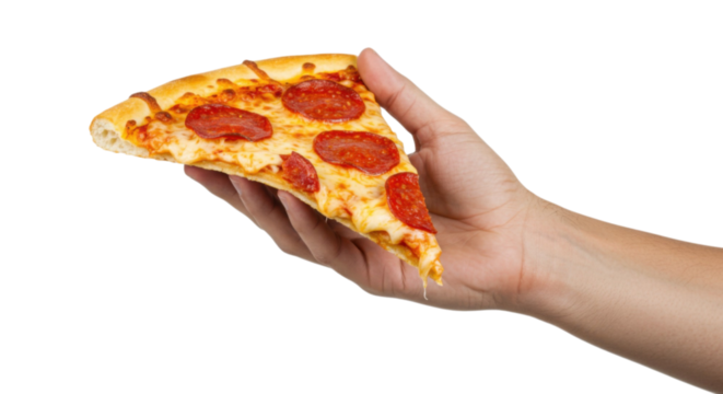 Pepperoni pizza slice held in hand isolated on transparent or white background. Concept of fast food, takeaway, delivery, Italian cuisine. National Pizza Day, World Food Day, Super Bowl