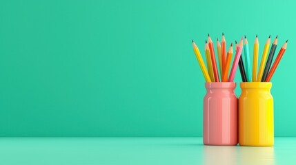 Colorful Pencils in Pink and Yellow Jars on Mint Green Background