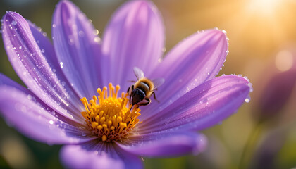 Honeybee on a vibrant purple flower, dew drops
