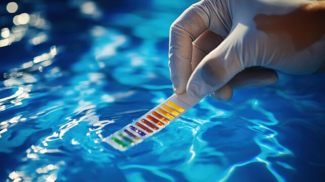 Pool technician testing water chemistry with a test strip. Featuring precision and pool maintenance