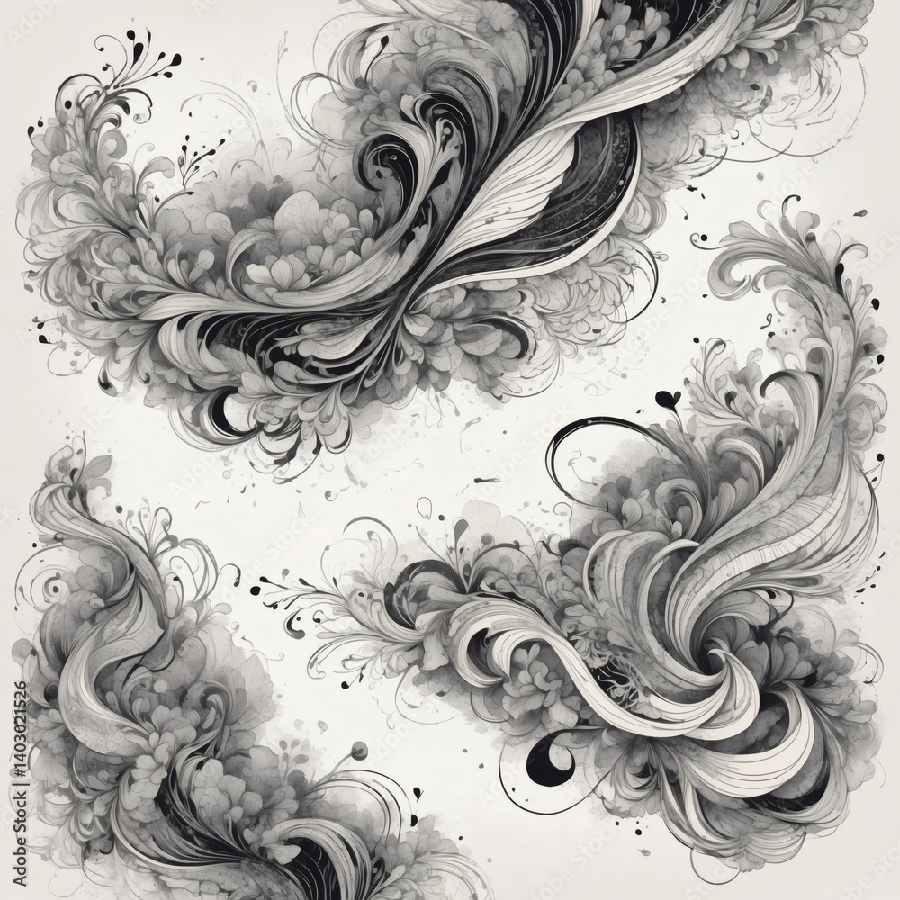 Poster intricate swirling patterns of ink, showcasing detailed floral and abstract designs, perfect for add