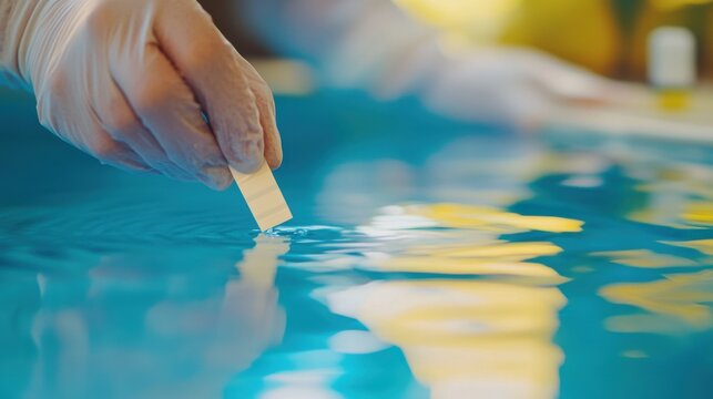 Pool technician testing water chemistry with a test strip. Featuring precision and pool maintenance