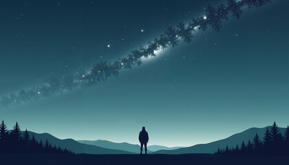 Fototapeta premium Silhouetted figure gazing at starry sky and milky way in serene landscape