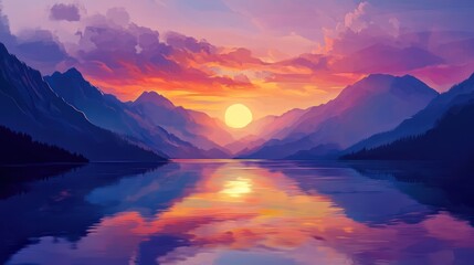 Fototapeta premium Reflections of serenity: A panoramic sunset scene over tranquil waters