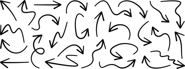 Set of marker drawn arrows. Hand drawn black pointers, arrow icons isolated on white background. Hand drawn arrow vector icons set. Sketch arrow design