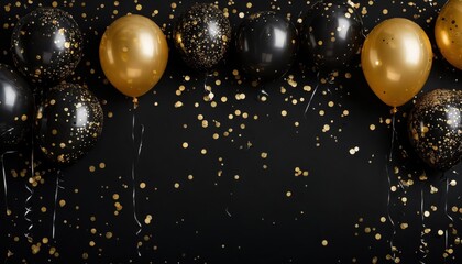 front view of black and golden balloons and confetti at the corners of plain solid black background. with empty copy space at middle