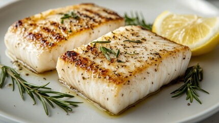 Seared halibut fillets are beautifully presented with fresh rosemary and a lemon wedge, highlighting a delicious and healthy meal