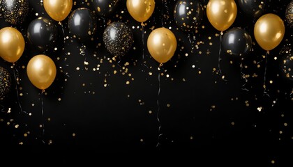 front view of black and golden balloons and confetti at the corners of plain solid black background. with empty copy space at middle