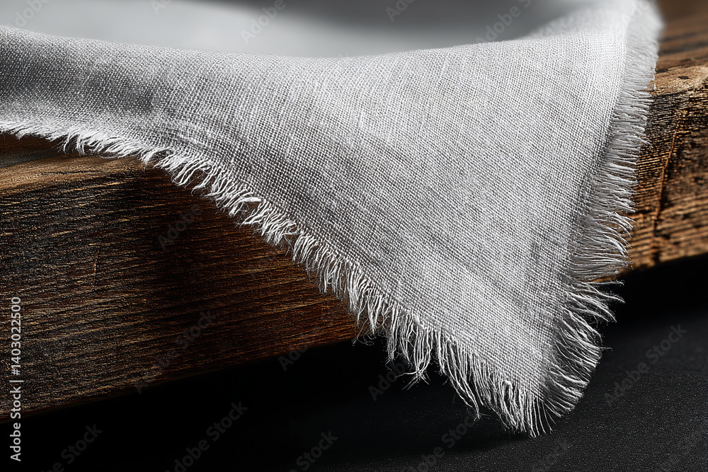 Aufkleber Light gray fabric with frayed edge draped on dark wood, showcasing texture and creating a minimalist, elegant scene Mockup for text or product display