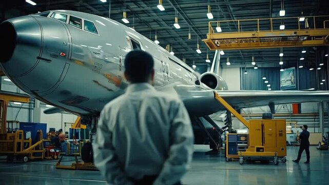A man stands in front of a large airplane in a hangar