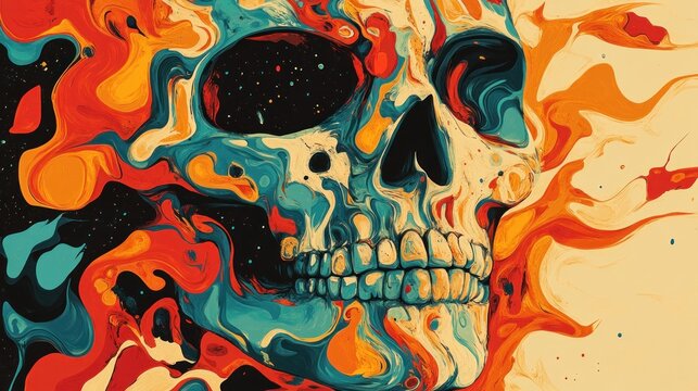 A vibrant skull design surrounded by swirling colors and flames creates a mesmerizing psychedelic experience that captivates the viewer
