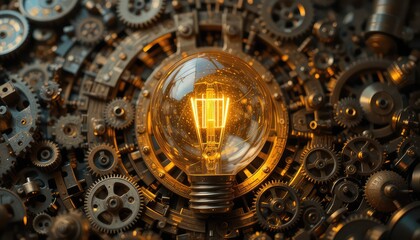 Fototapeta premium A glowing incandescent light bulb surrounded by intricate brass gears, symbolizing innovation and creativity.