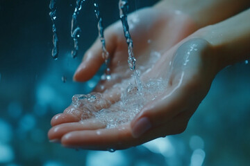 Fototapeta premium Pure water flowing gently onto hands feeling refreshing and clean