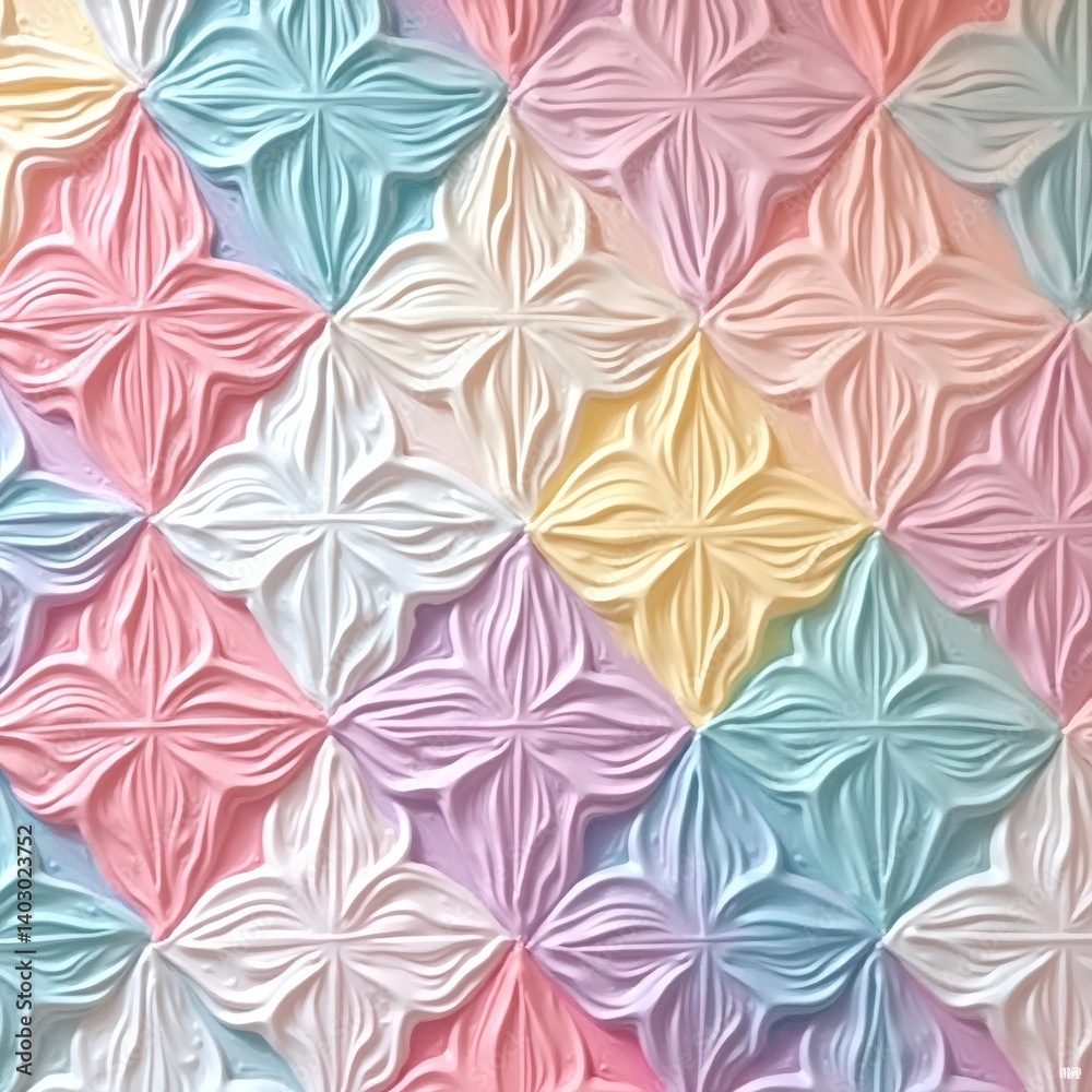Aufkleber an elegant close-up shot of a colorful pastel tile pattern, featuring a design of intersecting flower-like shapes. The soft colors create a sense of visual interest and make it ideal for designs