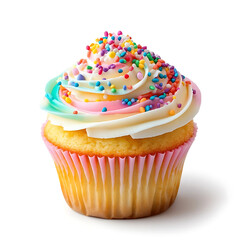 A soft fluffy cupcake with colorful frosting and sprinkles, isolated white background, hyperrealism art style