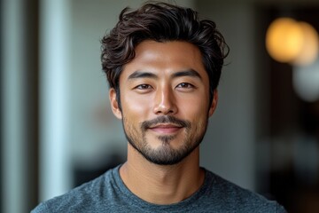 Fototapeta premium Portrait of a handsome man with wavy hair, softly smiling, indoors