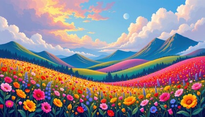 Colorful Dreamscape Illustrate an abstract landscape where flowers blend into surreal hills and clouds, using vibrant and harmonious colors.