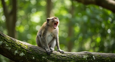ai image shows a macaque monkey sitting comfortably on a mossy tree branch, caught mid-yawn in a lush green forest.