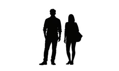 Couple Silhouette PNG: Man, Woman, Bag, Transparent Background