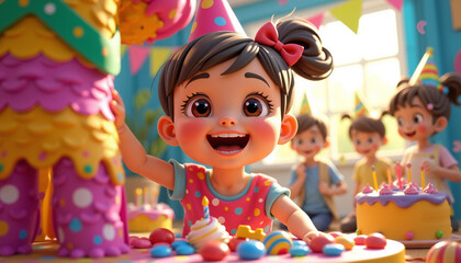 Joyful little girl with pigtails celebrating her birthday with a colorful piñata and cake at a party