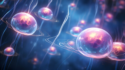 Glowing orbs of cosmic energy pulsate with inner light, suspended in a deep blue ethereal realm, interconnected by luminous threads.