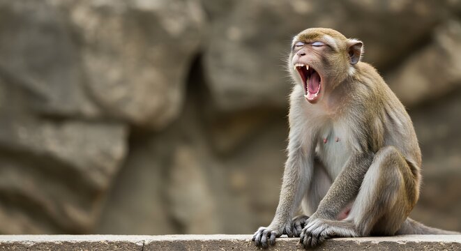 AI image shows a tired macaque monkey yawning with eyes closed, sitting comfortably against a blurred rock background outdoors.