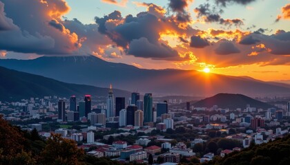 Metropolis and Mountains Create a scene showing a city surrounded by mountain ranges, with a sunset igniting the clouds in the sky.