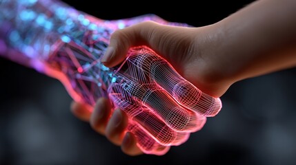 Human and robotic hands shake, symbolizing collaboration