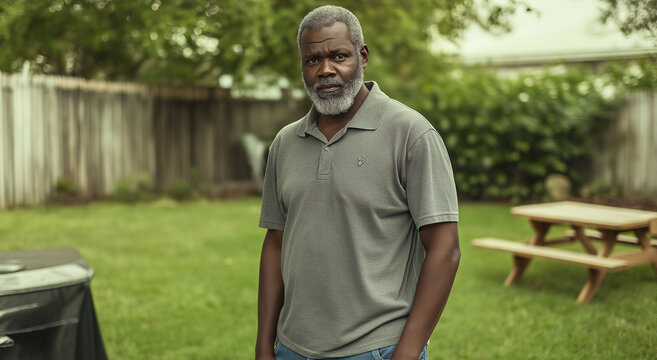 Um homem negro de meia-idade com barba grisalha, vestindo uma camisa polo casual e jeans, o fundo &eacute; um quintal suburbano com uma churrasqueira e mesa de piquenique
