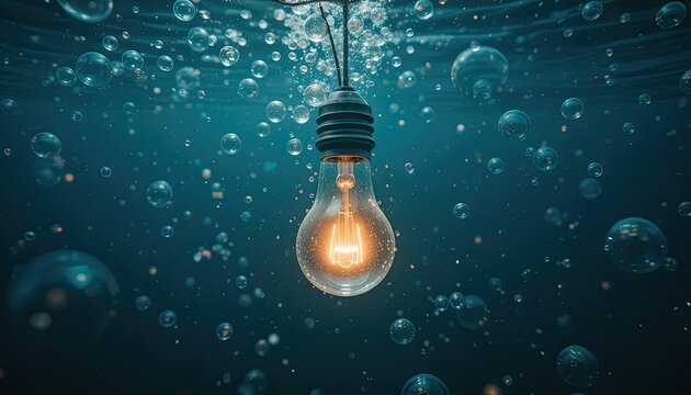 A glowing light bulb under water, surrounded by bubbles, creating a captivating underwater ambiance.