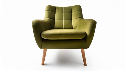 Comfortable olive green armchair with wooden legs isolated on white background