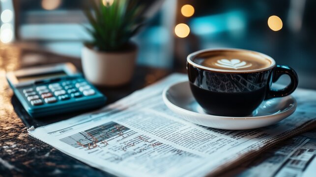 Coffee cup on newspaper with calculator and plant in calm cafe setting during morning hours