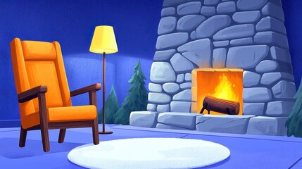 Cozy Rustic Room with Fireplace at Night